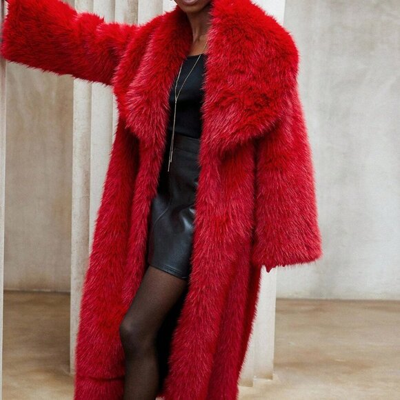 Red Casual Women's Faux Fur Jacket Coat - Picture 5 of 8